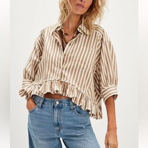 We The Free Bailey Beige And White Striped Babydoll Collared Top Size Small NWT